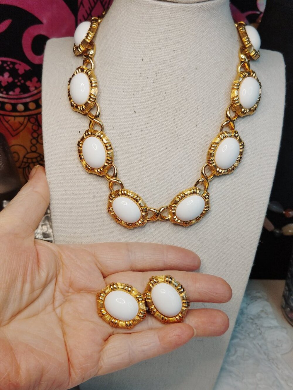 1960s Monet Couture Gold‑Tone Necklace & Clip‑On Earrings Set • White Cabochons